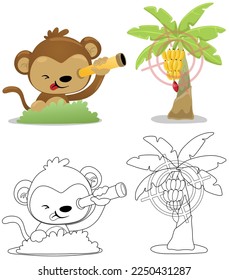 Ilustración vectorial del mono de dibujos animados con binoculares mirando el árbol de plátanos. Libro o página de coloración para niños 
