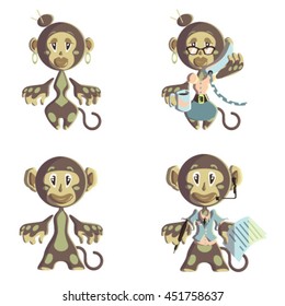 Vector illustration Cartoon monkey characters Business set Brown