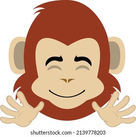 Vector illustration of a cartoon monkey face waving with his hands