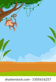 Vector illustration of cartoon monkey hanging on the liana