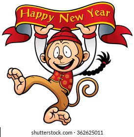 Vector illustration of cartoon monkey holding happy new year sign