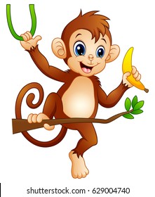 Vector illustration of Cartoon monkey on a branch tree and holding banana