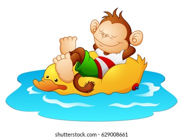Vector illustration of Cartoon monkey relaxing on duck lifebuoy in the water