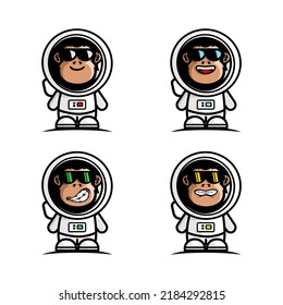 vector illustration of cartoon monkey wearing astronaut suit with various expressions