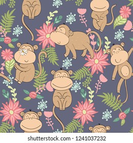 Vector illustration with cartoon monkeys with flowers. Seamless pattern