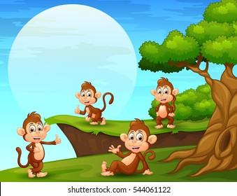 Vector illustration of Cartoon monkeys playing near the cliff