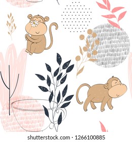 Ilustración vectorial con monos de dibujos animados. Patrón transparente
