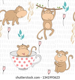 Vector illustration with cartoon monkeys. Seamless pattern
