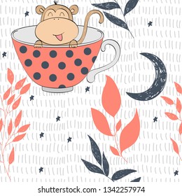 Vector illustration with cartoon monkeys. Seamless pattern