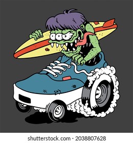 vector illustration of a cartoon monster surfing sport wearing big shoes