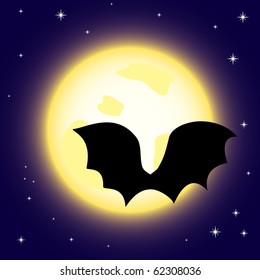 Vector illustration of cartoon moon with bat's silhouette in blue night sky