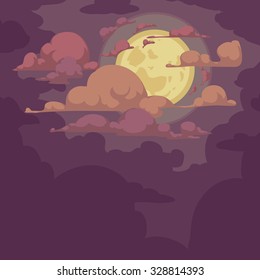 Vector illustration, cartoon moon in clouds, night landscape background