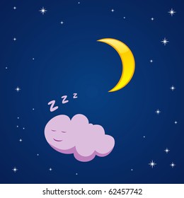 Vector illustration of cartoon moon and sleeping cloud in the sky