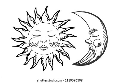 Vector illustration of a cartoon moon and sun icons. Vintage engraving hand drawn style.