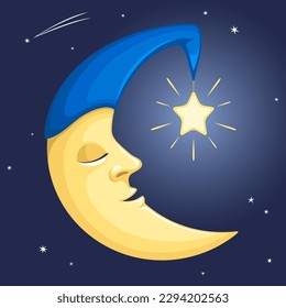 Vector illustration of a cartoon moon wearing an old-fashioned sleeping cap with a starry nightlight against a dark night sky.