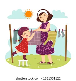 Vector illustration cartoon of mother and daughter hanging the laundry on the backyard. Kids doing housework chores at home concept.