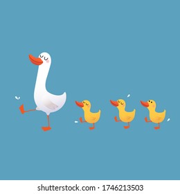 Vector illustration of a cartoon mother duck and her ducklings walking on blue background.