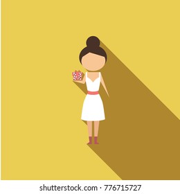 Vector illustration cartoon mother giving her daughter a present. Isolated white background. Flat design. The woman gives the girl a gift box.