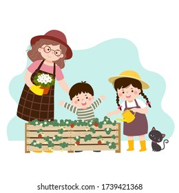 Vector illustration of a cartoon mother and her two children looking at the strawberry plant in a raised garden bed. Family enjoying time at home concept.