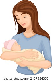 Vector illustration of a cartoon mother holding and looking admiringly at her newborn baby.