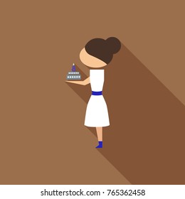Vector illustration cartoon mother with present cake. Isolated white background. Flat design. The woman and cake on 8 march
