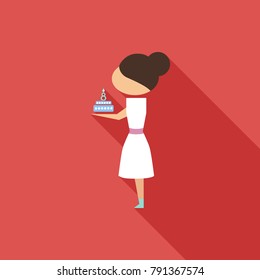 Vector illustration cartoon mother with present cake. Isolated white background. Flat design. The woman and cake on 8 march