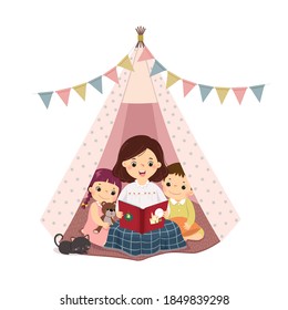 Vector illustration cartoon of a mother reading book and telling story with son and daughter in the teepee tent.