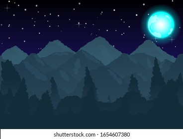 Vector illustration of a cartoon mountain landscape and forest stars with dark blue fog in a beautiful view of the sea at night with fog in the moonlight.