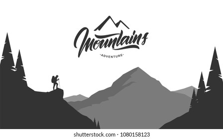 Vector illustration: Cartoon mountains grayscale landscape with hiker on foreground