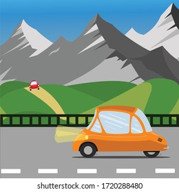 Vector illustration: Cartoon mountains landscape with travel cars rides on the road on foreground. flat style