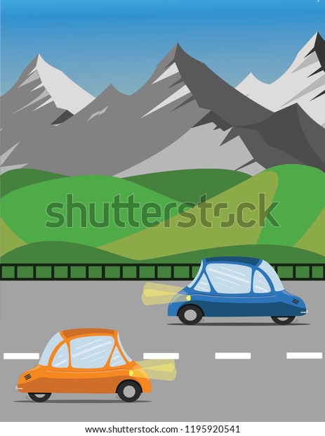 Vector illustration:\
Cartoon mountains landscape with travel cars rides on the road on\
foreground. flat style