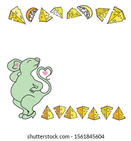 vector illustration cartoon mouse rat eat cheese comics gray lovely mice tail heart. valentines day greeting card, ISOLATED ON WHITE BACKGROUND,copy space.