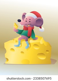 Vector illustration of cartoon mouse wearing winter clothes and christmas hat eating cheese
