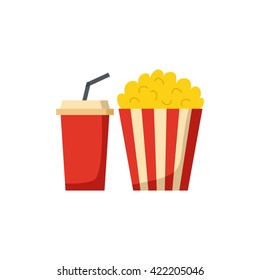 Vector illustration with cartoon movie popcorn and soda. Cartoon popcorn striped bucket with plastic cup of soda. Vector cinema time background. Isolated movie snack objects. Cinema drink and food