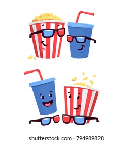 Vector illustration with cartoon movie popcorn and soda. Cartoon popcorn striped bucket with plastic cup of soda. Vector cinema time background. Isolated movie snack objects. Cinema drink and food