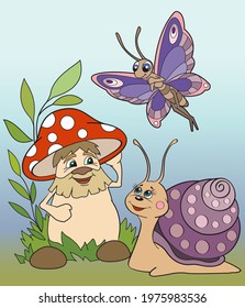 Vector illustration of Cartoon  mushroom with eyes and hands, snail, butterfly.