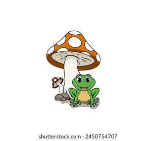 Ilustración vectorial de un hongo de dibujos animados y una rana debajo de él
