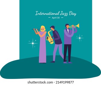 vector illustration of cartoon music player flute, trumpet, saxophone, text. top view, perfect for backdrops, music studios, music companies, and commemorating international jazz day