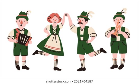 Vector illustration with cartoon musicians and dancers in traditional Bavarian costumes at the Oktoberfest festival.