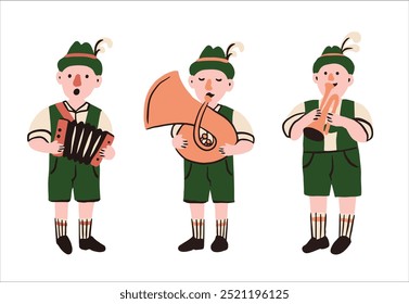 Vector illustration with cartoon musicians in traditional Bavarian costumes at the Oktoberfest festival.