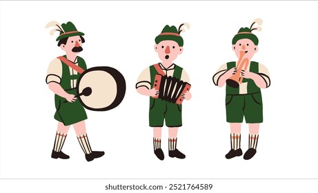 Vector illustration with cartoon musicians in traditional Bavarian costumes at the Oktoberfest festival.