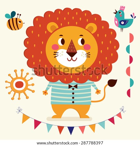 Vector illustration in cartoon naive style. Lovely cute lion. Baby birth card with lion boy
