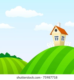 Vector illustration. Cartoon nature landscape with house and clouds
