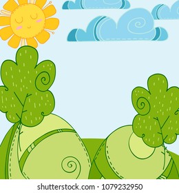 Vector illustration with cartoon nature. Lawn with trees and plants, sweet sun and clouds on a blue background.