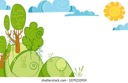 Vector illustration with cartoon nature. Lawn with trees and plants, cute sun and clouds isolated on white background.