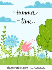 Vector illustration with cartoon nature. Postcard with cute clouds, lawn with a tree and plants