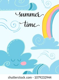 Vector illustration with cartoon nature. Postcard with cute clouds and a rainbow
