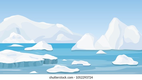 Vector illustration of cartoon nature winter arctic landscape with iceberg, blue pure water and snow hills, mountains.