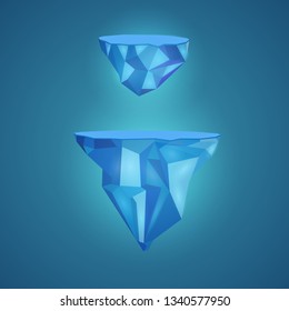 Vector illustration of cartoon nature winter arctic landscape with iceberg, blue pure water and snow hills, mountains.