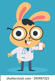 Vector illustration of a cartoon nerd bunny, wearing glasses, wearing doctor clothes and talking on the phone.